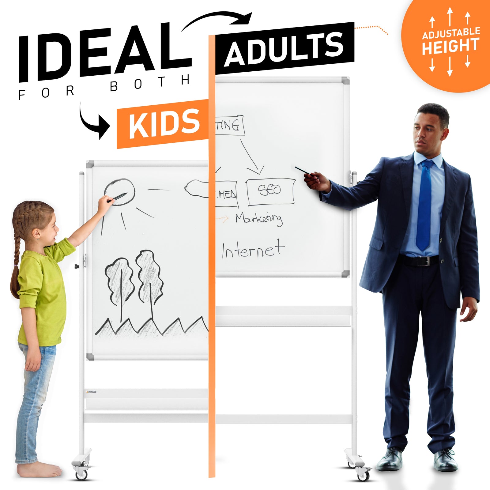 Mobile Whiteboard - Large Height Adjust 360° Rolling Double Sided Dry Erase Board, Magnetic White Board, Bonus Flip Chart Holders, and Paper Pad - Kamelleo