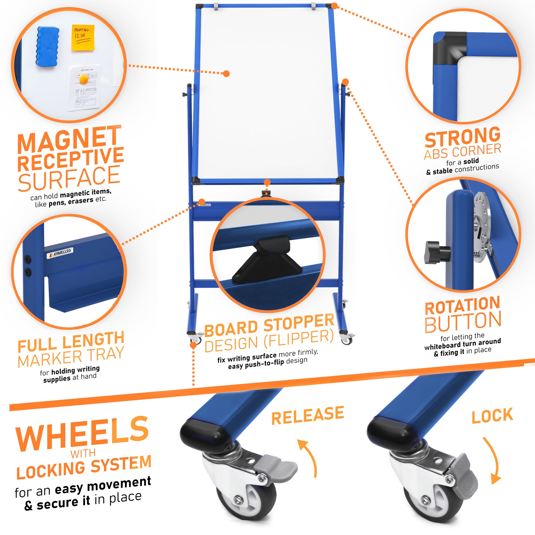 Flip Chart Whiteboard with 5 Rolling Casters - Whiteboard, Flip Chart